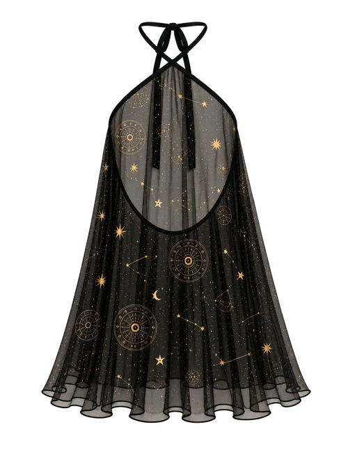 Aquarius babydoll in black — galaxy-print chiffon